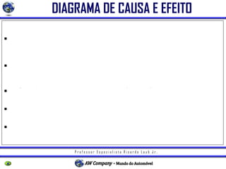 P r o f e s s o r E s p e c i a l i s t a R i c a r d o L a u b J r .
DIAGRAMA DE CAUSA E EFEITO
• Também conhecido como “Espinha de Peixe” ou “DIAGRAMA ISHIKAWA”, em
homenagem a quem o desenvolveu, o prof. Kauro Ishikawa.
• Organiza as sugestões/idéias referentes às possíveis causas de um determinado
efeito, EM GRUPOS E SUBGRUPOS DE IDÉIAS
• Possibilita o registro e a análise de todos os fatores influentes no assunto
• A característica que está sendo analisada é o efeito
• Os fatores que conduzem ao efeito são as causas
 