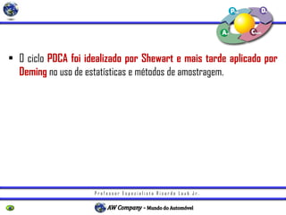 P r o f e s s o r E s p e c i a l i s t a R i c a r d o L a u b J r .
• O ciclo PDCA foi idealizado por Shewart e mais tarde aplicado por
Deming no uso de estatísticas e métodos de amostragem.
• O Ciclo PDCA nasceu no escopo do TQC (Total Quality Control) como
uma ferramenta que melhor representava o ciclo de gerenciamento
de uma atividade.
 