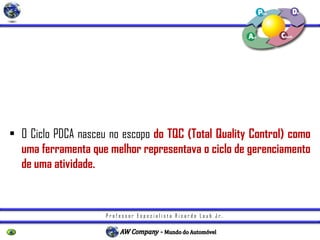 P r o f e s s o r E s p e c i a l i s t a R i c a r d o L a u b J r .
• O ciclo PDCA foi idealizado por Shewart e mais tarde aplicado por
Deming no uso de estatísticas e métodos de amostragem.
• O Ciclo PDCA nasceu no escopo do TQC (Total Quality Control) como
uma ferramenta que melhor representava o ciclo de gerenciamento
de uma atividade.
 