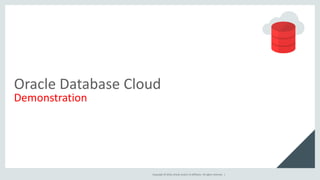 Copyright © 2016, Oracle and/or its affiliates. All rights reserved. |
Oracle Database Cloud
Demonstration
 
