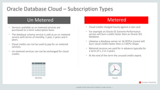 Copyright © 2016, Oracle and/or its affiliates. All rights reserved. |
Oracle Database Cloud – Subscription Types
• Services available as un metered services are
purchased on a term subscription basis.
• The database schema service is sold as an un metered
service with terms of monthly, 1 year, 2 years and 3
years.
• Cloud credits can not be used to pay for un metered
services.
• Un metered services can not be exchanged for cloud
credits.
MeteredUn Metered
• Cloud credits charged hourly against a rate card.
• For example an Oracle EE Extreme Performance
service will burn credits faster then an Oracle SE1
database.
• Likewise a database server on 16 OCPUs (cores) will
burn cloud credits faster then a 2 OCPU shape.
• Metered services are paid for in advance typically for
a term of 1, 2 or 3 years.
• At the end of the term the unused credits expire.
HourlyMonthly
Greater Flexibility
 