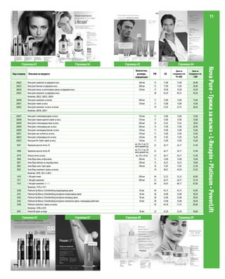 11




           Страница 61                                                Страница 62              Страница 63                                   Страница 64




                                                                                                                                                                           Nova Pure • Грижа за мъжа • L-Recapin • Platinum • PowerLift
                                                                                                      Количество,                          Цена за           Цена за
Код и подкод   Описание на продукта                                                                    размери,           PW   GV      сътрудник в лв.   Сътрудник в лв.
                                                                                                      информация                          без ДДС             с ДДС

   26022       Nova pure шампоан за увредена коса                                                         200 мл          15   17,00       17,00             20,40
   26023       Nova pure балсам за увредена коса                                                          200 мл          15   17,00       17,00             20,40
   26024       Nova pure маска за интензивна грижа за увредена коса                                       150 мл          17   19,58       19,58             23,50
   26025       Nova pure комплект за увредена коса                                                                        38   43,29       49,33             59,20
               Включва: 26022, 26023, 26024
   26030       Nova pure шампоан за мъже                                                                  200 мл          11   13,00       13,00             15,60
   26031       Nova pure тоник за коса                                                                    150 мл          11   13,00       13,00             15,60
   26032       Nova pure комплект за коса за мъже                                                                         19   21,03       23,75             28,50
               Включва: 26030, 26031

   26037       Nova pure стилизиращ крем за коса                                                           150 мл         11   13,00       13,00             15,60
   26038       Nova pure термозащитен спрей за коса                                                        150 мл         11   13,00       13,00             15,60
   26039       Nova pure стилизираща пяна за коса                                                          200 мл         14   15,42       15,42             18,50
   26040       Nova pure стилизиращ лак за коса                                                            300 мл         15   17,00       17,00             20,40
   26050       Nova pure заглаждащ балсам за коса                                                          150 мл         11   13,00       13,00             15,60
   26051       Nova pure лак за блясък за коса                                                             150 мл         11   13,00       13,00             15,60
   26052       Nova pure стилизиращ гел за коса                                                            150 мл         10   11,83       11,83             14,20
   26053       Nova pure Re-Styler спрей за коса                                                           150 мл         11   13,00       13,00             15,60
    4567       Термална кръгла четка 33                                                               ок. 26 х 5 см; 33   22   26,17        26,17            31,40
                                                                                                      мм в диаметър
    4568       Термална кръгла четка 50                                                               ок. 27 х 7 см; 50   22   26,17        26,17            31,40
                                                                                                      мм в диаметър
    4774       Плоска четка за коса                                                                    ок. 24,5 х 8 см    23   26,17        26,17            31,40
    3830       Алое Вера пяна за бръснене                                                                  200 мл         11   13,00        13,00            15,60
    3831       Алое Вера балсам за след бръснене                                                           100 мл         15   16,33        16,33            19,60
    3833       Алое Вера анти-стрес крем                                                                   100 мл         16   17,83        17,83            21,40
    3835       Алое Вера комплект грижа за мъжа                                                                           34   38,67        44,58            53,50
               Включва: 3830, 3831 и 3833
    1410       L-Recapin тоник                                                                            200 мл          46   52,33        52,33            62,80
    1411       L-Recapin шампоан                                                                          200 мл          23   26,75        26,75            32,10
    1412       L-Recapin комплект 1 + 1                                                                                   60   54,63        68,17            81,80
               Включва: 1410 и 1411
    3240       Platinum by Marcus Schenkenberg подмладяващ крем                                            50 мл          40   45,75        45,75            54,90
    3241       Platinum by Marcus Schenkenberg експресен енергизиращ крем                                  30 мл          28   32,08        32,08            38,50
    3242       Platinum by Marcus Schenkenberg експресен матиращ крем                                      30 мл          28   32,08        32,08            38,50
    3243       Platinum by Marcus Schenkenberg експресен околоочен крем с охлаждащо действие               30 мл          28   32,08        32,08            38,50
    3248       Platinum комплект грижа за мъжа                                                                            56   64,18        71,33            85,60
               Включва: 3240 и 3243
    3991       PowerLift крем за лице                                                                      30 мл          23   25,50        25,50            30,60

           Страница 65                                                Страница 67              Страница 68                                   Страница 69
 