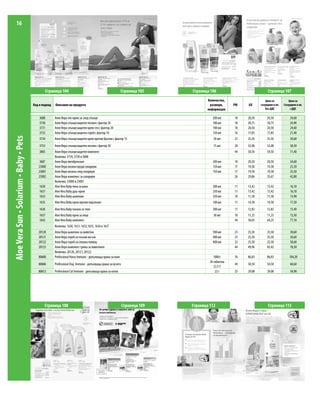 16




                                                 Страница 104                                                 Страница 105   Страница 106                             Страница 107
                                                                                                                                     Количество,                     Цена за           Цена за
                                         Код и подкод   Описание на продукта                                                          размери,      PW   GV      сътрудник в лв.   Сътрудник в лв.
                                                                                                                                     информация                     без ДДС             с ДДС

                                             3688       Алое Вера гел-крем за след слънце                                               200 мл      18   20,50        20,50             24,60
                                             3730       Алое Вера слънцезащител лосион с фактор 30                                      100 мл      18   20,75        20,75             24,90
                                             3731       Алое Вера слънцезащитен крем-гел с фактор 20                                    100 мл      18   20,50        20,50             24,60
                                             3732       Алое Вера слънцезащитен спрей с фактор 10                                       150 мл      16   17,83        17,83             21,40
Aloe Vera Sun • Solarium • Baby • Pets




                                             3734       Алое Вера слънцезащитен крем против бръчки с фактор 15                          50 мл       23   25,50        25,50             30,60
                                             3753       Алое Вера слънцезащитен лосион с фактор 50                                      75 мл       28   32,08        32,08             38,50
                                             3805       Алое Вера слънцезащитен комплект                                                            44   50,76        59,50             71,40
                                                        Включва: 3734, 3730 и 3688
                                            3687        Алое Вера автобронзант                                                          200 мл      18   20,50        20,50             24,60
                                            23000       Алое Вера лосион преди солариум                                                 150 мл      17   19,58        19,58             23,50
                                            23001       Алое Вера лосион след солариум                                                  150 мл      17   19,58        19,58             23,50
                                            23002       Алое Вера комплект за солариум                                                              26   29,86        35,67             42,80
                                                        Включва: 23000 и 23001
                                             1630       Aloe Vera Baby пяна за вана                                                     200 мл      11   13,42        13,42             16,10
                                             1631       Aloe Vera Baby душ-крем                                                         250 мл      11   13,42        13,42             16,10
                                             1632       Aloe Vera Baby шампоан                                                          250 мл      10   11,58        11,58             13,90
                                             1635       Aloe Vera Baby крем против подсичане                                            100 мл      11   14,58        14,58             17,50
                                             1636       Aloe Vera Baby лосион за тяло                                                   200 мл      11   12,83        12,83             15,40
                                             1637       Aloe Vera Baby крем за лице                                                     50 мл       10   11,25        11,25             13,50
                                             1643       Aloe Vera Baby комплект                                                                     44   50,03        64,25             77,10
                                                        Включва: 1630, 1631, 1632,1635, 1636 и 1637
                                            20120       Алое Вера шампоан за животни                                                    500 мл      23   25,50        25,50             30,60
                                            20121       Алое Вера спрей за лъскав косъм                                                 400 мл      23   25,50        25,50             30,60
                                            20122       Алое Вера спрей за спешна помощ                                                 400 мл      23   25,50        25,50             30,60
                                            20123       Алое Вера комплект грижа за животните                                                       44   49,96        65,42             78,50
                                                        Включва: 20120, 20121, 20122
                                            80600       Professional Horse Immune - допълваща храна за коне                              1000 г     76   86,83        86,83            104,20
                                                                                                                                      30 таблетки
                                            80606       Professional Dog Immune - допълваща храна за кучета                                         44   50,50        50,50             60,60
                                                                                                                                         (2,5 г)
                                            80612       Professional Cat Immune - допълваща храна за котки                                22 г      25   29,08        29,08             34,90




                                                Страница 108                                                  Страница 109   Страница 112                             Страница 113
 