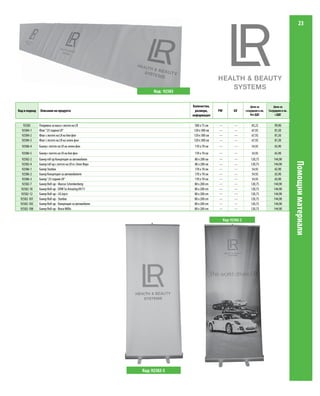 23




                                                                  Код: 92583


                                                                               Количество,                             Цена за           Цена за
Код и подкод   Описание на продукта                                             размери,      PW          GV       сътрудник в лв.   Сътрудник в лв.
                                                                               информация                             без ДДС             с ДДС


   92583       Покривка за маса с логото на LR                                 500 х 75 см    ---          ---         83,25             99,90
  92584-1      Флаг "25 години LR"                                             120 х 300 см   ---          ---         67,92             81,50
  92584-2      Флаг с логото на LR на бял фон                                  120 х 300 см   ---          ---         67,92             81,50
  92584-3      Флаг с логото на LR на зелен фон                                120 х 300 см   ---          ---         67,92             81,50
  92586-4      Банер с логото на LR на зелен фон                                170 х 70 см   ---          ---         54,92             65,90
  92586-5      Банер с логото на LR на бял фон                                  170 х 70 см   ---          ---         54,92             65,90
  92582-2      Банер roll up Концепция за автомобили                            80 х 200 см   ---          ---         120,75            144,90




                                                                                                                                                       Помощни материали
  92582-4      Банер roll up с логото на LR и с Алое Вера                       80 х 200 см   ---          ---         120,75            144,90
  92586-1      Банер Starbox                                                    170 х 70 см   ---          ---          54,92             65,90
  92586-2      Банер Концепция за автомобилите                                  170 х 70 см   ---          ---          54,92             65,90
  92586-3      Банер "25 години LR"                                             170 х 70 см   ---          ---          54,92             65,90
  92582-7      Банер Roll-up - Marcus Schenkenberg                              80 x 200 cm   ---          ---         120,75            144,90
  92582-10     Банер Roll-up - EHW So Amazing 09/11                             80 x 200 cm   ---          ---         120,75            144,90
  92582-12     Банер Roll-up - LR.Joyce                                         80 x 200 cm   ---          ---         120,75            144,90
 92582-101     Банер Roll-up - Starbox                                          80 x 200 cm   ---          ---         120,75            144,90
 92582-102     Банер Roll-up - Концепция за автомобили                          80 x 200 cm   ---          ---         120,75            144,90
 92582-108     Банер Roll-up - Bruce Willis                                     80 x 200 cm   ---          ---         120,75            144,90


                                                                                                    Код: 92582-2




                                                            Код: 92582-5
 