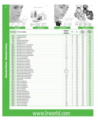 8




                                         Страница 44                                            Страница 45   Страница 46                                 Страница 47
                                                                                                                     Количество,                       Цена за           Цена за
                                 Код и подкод   Описание на продукта                                                  размери,        PW   GV      сътрудник в лв.   Сътрудник в лв.
                                                                                                                     информация                       без ДДС             с ДДС

                                   11066-1      Очароващ руж Rubin Rush                                                    8г         28   32,08        32,08             38,50
                                   11066-3      Очароващ руж Sun Kissed                                                    8г         28   32,08        32,08             38,50
                                     11065      Бронзант                                                                   8г         27   32,67        32,67             39,20
                                     11068      Многоцветна холивудска пудра                                              12 г        34   38,67        38,67             46,40
                                     11074      Холивудска двуцветна пудра                                                12 г        30   35,67        35,67             42,80
                                     11072      Микропудра Skin Perfect                                                    8г         34   38,67        38,67             46,40
Макияж Deluxe • Макияж Colours




                                   10000-1      Дуо минерални сенки за очи Mustard'n'Olive                               2х1г         11   12,83        12,83             15,40
                                   10000-3      Дуо минерални сенки за очи Sky'n'Water                                   2х1г         11   12,83        12,83             15,40
                                   10000-4      Дуо минерални сенки за очи Rose'n'Grey                                   2х1г         11   12,83        12,83             15,40
                                   10000-6      Дуо минерални сенки за очи Taupe'n'Bronze                                2х1г         11   12,83        12,83             15,40
                                   10000-7      Дуо минерални сенки за очи Cashmere'n' Copper                            2х1г         11   12,83        12,83             15,40
                                   10000-8      Дуо минерални сенки за очи Mauve'n'Plum                                  2х1г         11   12,83        12,83             15,40
                                   10000-9      Дуо минерални сенки за очи Gold'n'Bronze                                 2х1г         11   12,83        12,83             15,40
                                   10000-10     Дуо минерални сенки за очи Rosy'n'Aubergine                              2х1г         11   12,83        12,83             15,40
                                    10005-1     Течна очна линия Absolut Black                                           2,5 мл       10   11,83        11,83             14,20
                                    10005-2     Течна очна линия Dark Brown                                              2,5 мл       10   11,83        11,83             14,20
                                    10001-1     Интензивен молив за очи Soft Snow                                         1,1 г        8    8,83         8,83             10,60
                                    10001-2     Интензивен молив за очи Dark Cole                                         1,1 г        8    8,83         8,83             10,60
                                    10001-4     Интензивен молив за очи Cold Blue                                         1,1 г        8    8,83         8,83             10,60
                                    10001-5     Интензивен молив за очи Soft Ashes                                        1,1 г        8    8,83         8,83             10,60
                                    10001-6     Интензивен молив за очи Olive Green                                       1,1 г        8    8,83         8,83             10,60
                                    10001-7     Интензивен молив за очи Dark Hazel                                        1,1 г        8    8,83         8,83             10,60
                                     10004      Молив за очи за изсветляване с два върха                                2 х 4,6 г     11   12,83        12,83             15,40
                                    10006-1     Молив за вежди с два върха Cashmere Crème                             4,9 г + 1,3 г   11   12,83        12,83             15,40
                                    10006-2     Молив за вежди с два върха Cashmere Brown                             4,9 г + 1,3 г   11   12,83        12,83             15,40
                                     10003      Удължаваща водоустойчива спирала                                          7 мл        14   14,83        14,83             17,80
                                    10002-1     Извиваща спирала за обем Absolute Black                                  10 мл        14   14,83        14,83             17,80
                                    10002-4     Извиваща спирала за обем Dark Brown                                      10 мл        14   14,83        14,83             17,80
                                    10002-5     Извиваща спирала за обем Night Blue                                      10 мл        14   14,83        14,83             17,80
                                     10039      Балсам за устни                                                           4,5 г       11   12,83        12,83             15,40
                                    10032-1     Молив за устни Warm Rose                                                 1,16 г        6    6,83         6,83              8,20
                                    10032-2     Молив за устни Magic Mauve                                               1,16 г        6    6,83         6,83              8,20
                                    10032-3     Молив за устни Juicy Rose                                                1,16 г        6    6,83         6,83              8,20
                                    10032-4     Молив за устни Orange Toffee                                             1,16 г        6    6,83         6,83              8,20
                                    10032-5     Молив за устни Midnight Plum                                             1,16 г        6    6,83         6,83              8,20
                                    10032-7     Молив за устни Hot Chili                                                 1,16 г        6    6,83         6,83              8,20
                                    10032-8     Молив за устни Brownrose                                                 1,16 г        6    6,83         6,83              8,20
                                    10030-1     Дълготрайно червило Warm Rose                                             4,5 г       11   12,83        12,83             15,40
                                    10030-2     Дълготрайно червило Magic Mauve                                           4,5 г       11   12,83        12,83             15,40
                                    10030-3     Дълготрайно червило Juicy Rose                                            4,5 г       11   12,83        12,83             15,40
                                    10030-4     Дълготрайно червило Orange Toffee                                         4,5 г       11   12,83        12,83             15,40
                                    10030-5     Дълготрайно червило Midnight Plum                                         4,5 г       11   12,83        12,83             15,40
                                    10030-7     Дълготрайно червило Hot Chili                                             4,5 г       11   12,83        12,83             15,40
                                    10030-8     Дълготрайно червило Brownrose                                             4,5 г       11   12,83        12,83             15,40
                                    10029-1     Гланц за устни Smoothy Rose                                              10 мл        11   12,83        12,83             15,40
                                    10029-2     Гланц за устни Smoothy Pink                                              10 мл        11   12,83        12,83             15,40
                                    10029-3     Гланц за устни Smoothy Red                                               10 мл        11   12,83        12,83             15,40




                                                                                        www.lrworld.com
 