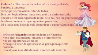 Príncipe Felizardo é o pretendente de Amarílis;
Novo-rico, materialista, fanfarrão e interesseiro;
Não dá importância ao amor;
Acha que o valor das pessoas se vê por aquilo que elas
possuem;
Desculpa as suas atitudes com as ordens de Amarílis.
Violeta é a filha mais nova de Leandro e a sua preferida;
Bondosa e amorosa;
Preocupa-se com o bem-estar de todos;
Tem por Reginaldo um amor verdadeiro e desinteressado;
Apesar de ter sido expulsa do reino, pelo pai, não lhe guarda rancor;
Fez do seu reino um lugar agradável para viver;
Dá a todos uma lição de vida ao perdoar o pai por aquilo que lhe fez.
 