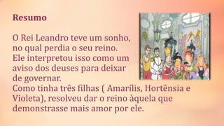 Resumo
O Rei Leandro teve um sonho,
no qual perdia o seu reino.
Ele interpretou isso como um
aviso dos deuses para deixar
de governar.
Como tinha três filhas ( Amarílis, Hortênsia e
Violeta), resolveu dar o reino àquela que
demonstrasse mais amor por ele.
 