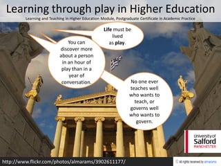 Learning through play in Higher Education
         Learning and Teaching in Higher Education Module, Postgraduate Certificate in Academic Practice

                                                    Life must be
                                                        lived
                                You can                as play.
                            discover more
                            about a person
                             in an hour of
                             play than in a
                                year of
                             conversation.                         No one ever
                                                                   teaches well
                                                                   who wants to
                                                                     teach, or
                                                                   governs well
                                                                   who wants to
                                                                      govern.




http://www.flickr.com/photos/almarams/3902611177/
 