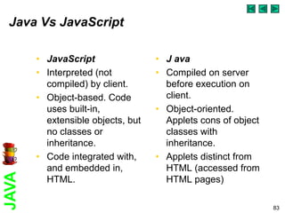 Java Vs JavaScript

       • JavaScript                • J ava
       • Interpreted (not          • Compiled on server
         compiled) by client.        before execution on
       • Object-based. Code          client.
         uses built-in,            • Object-oriented.
         extensible objects, but     Applets cons of object
         no classes or               classes with
         inheritance.                inheritance.
       • Code integrated with,     • Applets distinct from
         and embedded in,            HTML (accessed from
JAVA




         HTML.                       HTML pages)

                                                              83
 