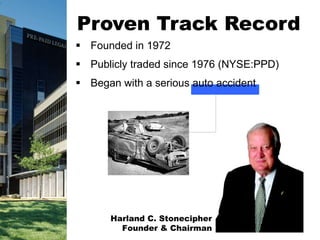 Proven Track Record Founded in 1972 Publicly traded since 1976 (NYSE:PPD) Began with a serious auto accident Harland C. Stonecipher Founder & Chairman 