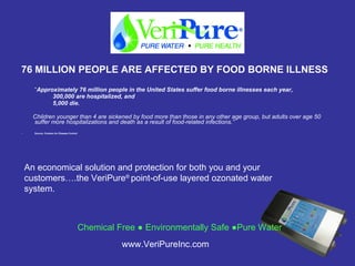 [object Object],[object Object],[object Object],[object Object],[object Object],[object Object],An economical solution and protection for both you and your customers….the VeriPure ®   point-of-use layered ozonated water system. Chemical Free  ●  Environmentally Safe ●Pure Water www.VeriPureInc.com 