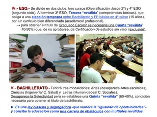 IV.- ESO.- Se divide en dos ciclos, tres cursos (Diversificación desde 2º) y 4º ESO
     ESO
(segundo ciclo). Al terminar 3º ESO, Tercera “reválida” (competencias básicas), que
obliga a una elección temprana entre Bachillerato y FP básica en 4º curso (15 años),
con un currículo bien diferenciado (académico/ profesional).
   → para obtener el título de Graduado Escolar es necesaria una Cuarta “reválida”
      70-30%) que, de no aprobarse, da Certificación de estudios sin valor (exclusión).




V.- BACHILLERATO.- Tendrá tres modalidades: Artes (desaparece Artes escénicas),
Ciencias (Ingeniería/ C. Salud) y Letras (Humanidades/ C. Sociales).
Desaparece la Selectividad pero se establece una Quinta “reválida” (60-40%), condición
necesaria para obtener el título de bachillerato.
► Es una ley clasista y segregadora -que vulnera la “igualdad de oportunidades”-
y concibe la educación como una carrera de obstáculos con múltiples reválidas
 