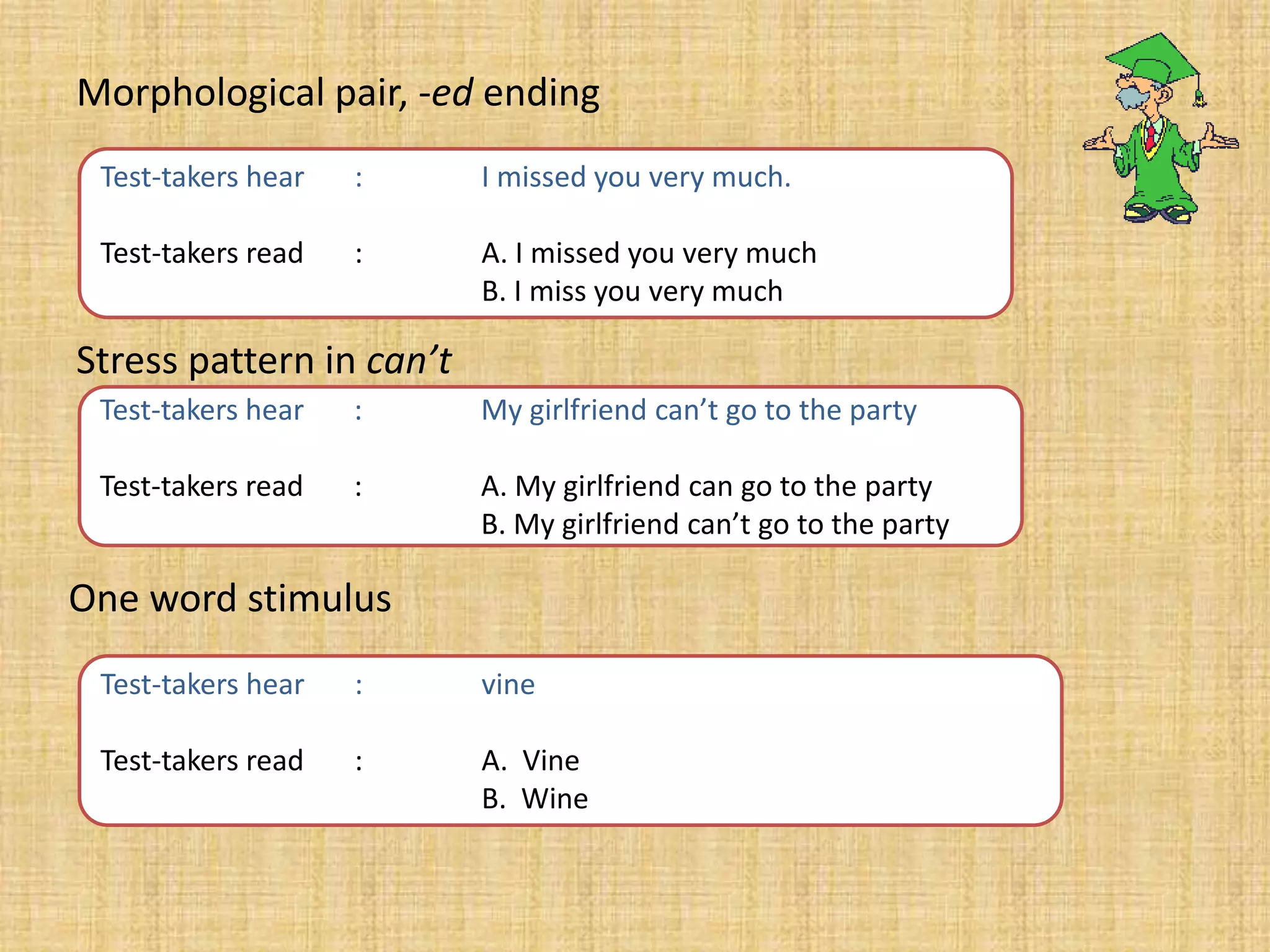 Morphological pair, -ed ending
Test-takers hear : I missed you very much.
Test-takers read : A. I missed you very much
B. I miss you very much
Stress pattern in can’t
Test-takers hear : My girlfriend can’t go to the party
Test-takers read : A. My girlfriend can go to the party
B. My girlfriend can’t go to the party
One word stimulus
Test-takers hear : vine
Test-takers read : A. Vine
B. Wine
 
