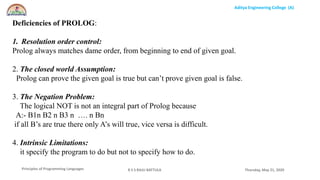 Aditya Engineering College (A)
Principles of Programming Languages Thursday, May 21, 2020R S S RAJU BATTULA
Deficiencies of PROLOG:
1. Resolution order control:
Prolog always matches dame order, from beginning to end of given goal.
2. The closed world Assumption:
Prolog can prove the given goal is true but can’t prove given goal is false.
3. The Negation Problem:
The logical NOT is not an integral part of Prolog because
A:- B1n B2 n B3 n …. n Bn
if all B’s are true there only A’s will true, vice versa is difficult.
4. Intrinsic Limitations:
it specify the program to do but not to specify how to do.
 
