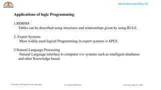Aditya Engineering College (A)
Principles of Programming Languages Thursday, May 21, 2020R S S RAJU BATTULA
Applications of logic Programming:
1.RDBMS
Tables can be described using structures and relationships given by using RULE.
2. Expert Systems
Most widely used logical Programming in expert systems is APES.
3.Natural Language Processing
Natural Language interface to computer s/w systems such as intelligent databases
and other Knowledge based.
 