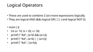 Logical Operators
• These are used to combine 2 (or) more expressions logically.
• They are logical AND (&&) logical OR ( || ) and logical NOT (!)
• main ( ){
• int a= 10, b = 20, c= 30;
• printf (" %d", (a>b) && (a<c));
• printf (" %d", (a>b) | | (a<c));
• printf (" %d", ! (a>b));
 