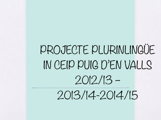 PROJECTE PLURINLINGÜE  
IN CEIP PUIG D’EN VALLS
2012/13 –
2013/14-2014/15
 