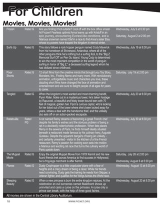 18 WWW.PICNET.ORG
For Children
Frozen Rated G Are you finding it hot outside? Cool off with the box office smash
hit Frozen! Fearless optimist Anna teams up with Kristoff in an
epic journey, encountering Everest-like conditions, and a
hilarious snowman named Olaf in a race to findAnna’s sister Elsa,
whose icy powers have trapped the kingdom in eternal winter.  
Wednesday, July 9 at 6:30 pm
Saturday,  August 2 at 2:00 pm
Surfs Up Rated G This story follows a rock hopper penguin named Cody Maverick
from his hometown of Shiverpool, Antarctica, where all of the
other penguins think he’s nothing but a surfing fool, to the “Big Z
Memorial Surf Off” on Pen Gu Island. Young Cody is determined
to win the most important competition in the world of penguin
surfing in honor of “Big Z,” a deceased surfing legend whom he
has idolized since childhood.
Wednesday, July 16 at 6:30 pm
Pixar
Shorts
Rated G 12 short films from the creative minds that brought you Toy Story,
Monsters, Inc., Finding Nemo and many more. With revolutionary
animation, unforgettable music and characters you love, these
dazzling short films have changed the face of animation and
entertainment and are sure to delight people of all ages for years
to come.
Saturday,  July 19 at 2:00 pm
Tangled Rated G When the kingdom’s most wanted and most charming bandit,
Flynn Rider, hides out in a mysterious tower, he’s taken hostage
by Rapunzel, a beautiful and feisty tower-bound teen with 70
feet of magical, golden hair. Flynn’s curious captor, who’s looking
for her ticket out of the tower where she’s been locked away for
years, strikes a deal with the handsome thief, and the unlikely
duo sets off on an action-packed escapade.
Wednesday, July 23 at 6:30 pm
Ratatouille Rated
PG
A rat named Remy dreams of becoming a great French chef
despite his family’s wishes and the obvious problem of being a
rat in a decidedly rodent-phobic profession. When fate places
Remy in the sewers of Paris, he finds himself ideally situated
beneath a restaurant made famous by his culinary hero, Auguste
Gusteau. Despite the apparent dangers of being an unlikely -
and certainly unwanted - visitor in the kitchen of a fine French
restaurant, Remy’s passion for cooking soon sets into motion
a hilarious and exciting rat race that turns the culinary world of
Paris upside down.
Wednesday, July 30 at 6:30 pm
The Muppet
Movie
Rated G Enjoy the original Muppet Movie from 1979! Kermit and his new
found friends trek across America to find success in Hollywood,
but a frog-legs merchant is after Kermit.
Saturday,  July 26 at 2:00 pm
Wednesday, August 6 at 6:30 pm
Planes Rated G Dusty Crophopper is a little cropduster plane with a fear of
heights and a crazy dream of being a racer. While his friends
need convincing, Dusty gets the training he needs from Skipper, a
veteran fighter, and qualifies for the WingsAcross the World race.
Wednesday,  August 13 at 6:30 pm
Sleeping
Beauty
Rated G When a new princess is born the entire kingdom rejoices. At the
celebration an evil sorceress named Maleficent shows up
uninvited and casts a curse on the princess. A curse only a
prince can break, with the help of three good fairies.   
Wednesday,  August 20 at 6:30 pm
All movies are shown in the Central Library Auditorium.
Movies, Movies, Movies!
 