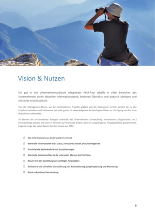  
 
6 
 
  
 
 
 
 
 
 
 
 
 
 
 
Ein  gut  in  die  Unternehmensabläufe  integriertes  PPM‐Tool  schafft  in  allen  Bereichen  des 
Unternehmens  einen  aktuellen  Informationsstand,  besseren  Überblick  und  dadurch  planbare  und 
effiziente Arbeitsabläufe. 
Von  der  Management‐Ebene,  wo  die  verschiedenen  Projekte  geplant  und  die  Ressourcen  verteilt  werden  bis  zu  den 
Projektmitarbeitern und Lieferanten hat jeder genau für seine Aufgaben die benötigten Daten zur Verfügung und für seine 
Bedürfnisse aufbereitet.  
So  können  die  verschiedenen  Anliegen  innerhalb  des  Unternehmens  (Entwicklung,  Innovationen,  Organisation,  etc.) 
berücksichtigt werden und auch in Hinsicht auf finanzielle Risiken wird ein ausgewogenes Projektportfolio gewährleistet.  
Folgend einige der vielen Nutzen für den Einsatz von PPM: 
 
 Alle Informationen aus einer Quelle in Echtzeit 
 Wertvolle Informationen wie: Status, Fortschritt, Kosten, Plan/Ist Vergleiche 
 Durchdachte Bedienbarkeit und Visualisierungen 
 Wertvolle Detailansichten in die unteresten Ebenen des Portfolios 
 Neue Form der Darstellung von wichtigen Finanzdaten 
 Einfachere und schnellere Durchführung von Konsolidierung, Langfristplanung und Monitoring 
 Keine redundante Datenhaltung 
 
 
Vision & Nutzen
 