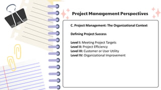 Project Management Perspectives
C. Project Management: The Organizational Context
Defining Project Success
Level I: Meeting Project Targets
Level II: Project Efficiency
Level III: Customer or User Utility
Level IV: Organizational Improvement
 