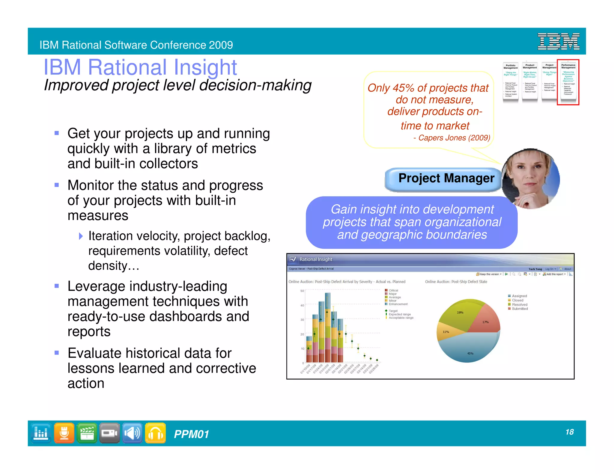IBM Rational Software Conference 2009

IBM Rational Insight
Improved project level decision-making                  Only 45% of projects that
                                                              do not measure,
                                                            deliver products on-
                                                               time to market
     Get your projects up and running                            - Capers Jones (2009)
     quickly with a library of metrics
     and built-in collectors
                                                              Project Manager
     Monitor the status and progress
     of your projects with built-in
                                                 Gain insight into development
     measures                                   projects that span organizational
         Iteration velocity, project backlog,     and geographic boundaries
         requirements volatility, defect
         density…
     Leverage industry-leading
     management techniques with
     ready-to-use dashboards and
     reports
     Evaluate historical data for
     lessons learned and corrective
     action


                         PPM01                                                           18
 