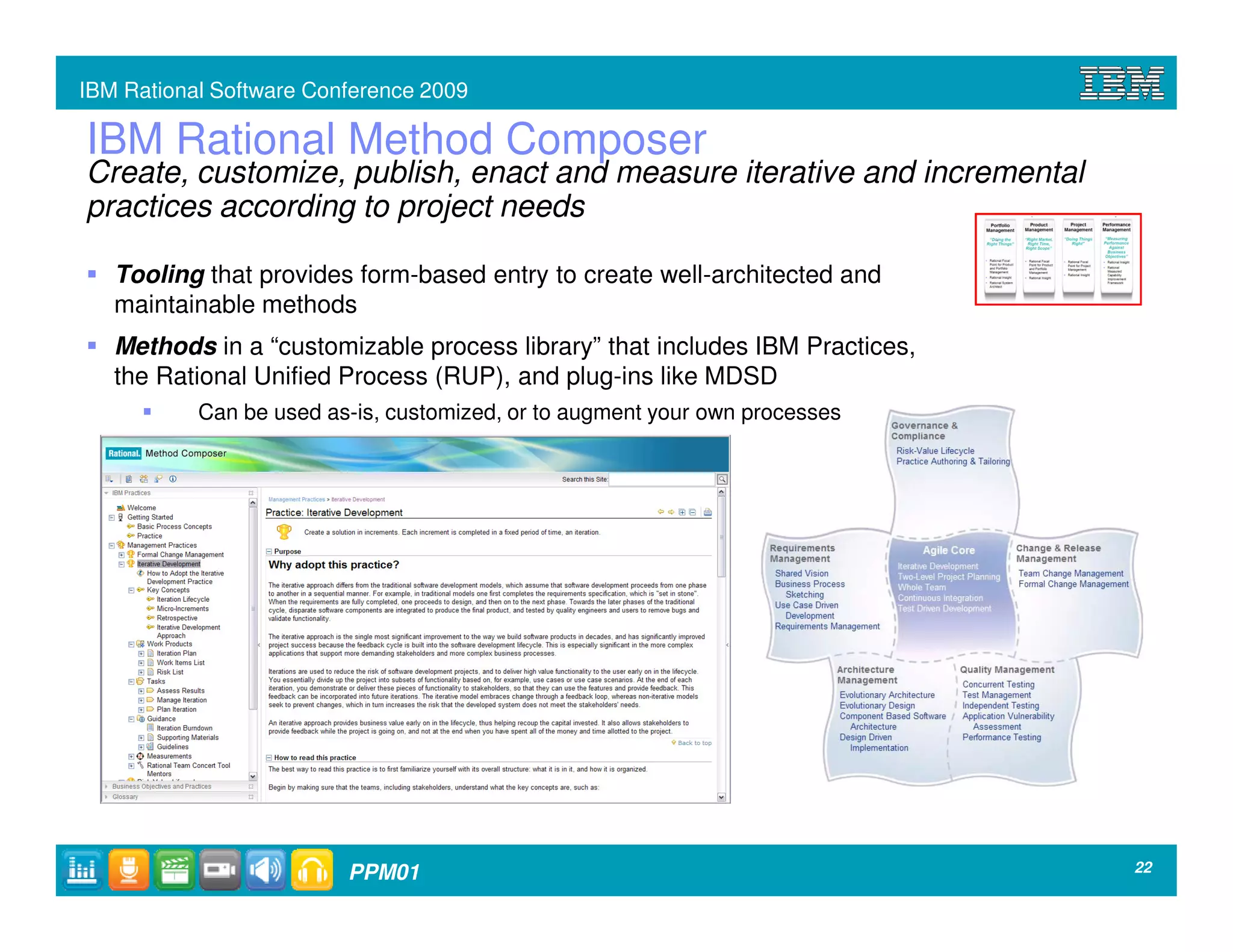 IBM Rational Software Conference 2009

IBM Rational Method Composer
Create, customize, publish, enact and measure iterative and incremental
practices according to project needs

   Tooling that provides form-based entry to create well-architected and
   maintainable methods
   Methods in a “customizable process library” that includes IBM Practices,
   the Rational Unified Process (RUP), and plug-ins like MDSD
           Can be used as-is, customized, or to augment your own processes




                         PPM01                                                22
 