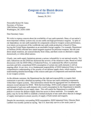 Letter to Congress of the United States:  Rare Earth Elements