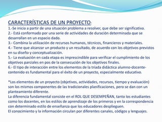 CARACTERÍSTICAS DE UN PROYECTO:
1.-Se inicia a partir de una situación problema a resolver, que debe ser significativa.
2.- Está conformado por una serie de actividades de duración determinada que se
desarrollan en un espacio dado.
3.- Combina la utilización de recursos humanos, técnicos, financieros y materiales.
4.- Tiene que alcanzar un producto y un resultado, de acuerdo con los objetivos previstos
en su diseño y conceptualización.
5.- La evaluación en cada etapa es imprescindible para verificar el cumplimiento de los
objetivos parciales en pos de la consecución de los objetivos finales.
6.- El tipo de interacción entre los elementos de la tríada didáctica alumno-docente-
contenido es fundamental para el éxito de un proyecto, especialmente educativo.
*Los elementos de un proyecto (objetivos, actividades, recursos, tiempo y evaluación)
son los mismos componentes de las tradicionales planificaciones, pero se dan con un
planteamiento diferente.
La diferencia fundamental consiste en el ROL QUE DESEMPEÑAN, tanto los estudiantes
como los docentes, en los estilos de aprendizaje de los primeros y en la correspondencia
con determinado estilo de enseñanza que los educadores desplieguen.
El conocimiento y la información circulan por diferentes canales, códigos y lenguajes.
 