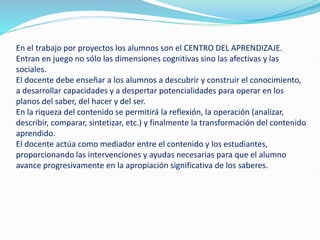 En el trabajo por proyectos los alumnos son el CENTRO DEL APRENDIZAJE.
Entran en juego no sólo las dimensiones cognitivas sino las afectivas y las
sociales.
El docente debe enseñar a los alumnos a descubrir y construir el conocimiento,
a desarrollar capacidades y a despertar potencialidades para operar en los
planos del saber, del hacer y del ser.
En la riqueza del contenido se permitirá la reflexión, la operación (analizar,
describir, comparar, sintetizar, etc.) y finalmente la transformación del contenido
aprendido.
El docente actúa como mediador entre el contenido y los estudiantes,
proporcionando las intervenciones y ayudas necesarias para que el alumno
avance progresivamente en la apropiación significativa de los saberes.
 