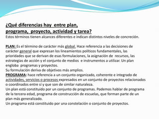¿Qué diferencias hay entre plan,
programa, proyecto, actividad y tarea?
Estos términos tienen alcances diferentes e indican distintos niveles de concreción.
PLAN: Es el término de carácter más global. Hace referencia a las decisiones de
carácter general que expresan los lineamientos políticos fundamentales, las
prioridades que se derivan de esas formulaciones, la asignación de recursos, las
estrategias de acción y el conjunto de medios e instrumentos a utilizar. Un plan
engloba programas y proyectos.
Su formulación deriva de objetivos más amplios.
PROGRAMA: hace referencia a un conjunto organizado, coherente e integrado de
actividades, servicios o procesos expresados en un conjunto de proyectos relacionados
o coordinados entre sí y que son de similar naturaleza.
Un plan está constituido por un conjunto de programas. Podemos hablar de programa
de la tercera edad, programa de construcción de escuelas, que forman parte de un
plan más generalizado.
Un programa está constituido por una constelación o conjunto de proyectos.
 