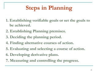 Steps in Planning 1. Establishing verifiable goals or set the goals to be achieved. 2. Establishing Planning premises. 3. Deciding the planning period. 4. Finding alternative courses of action. 5. Evaluating and selecting a course of action. 6. Developing derivative plans. 7. Measuring and controlling the progress. 