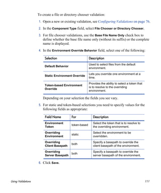 Using Validations 111
To create a file or directory chooser validation:
1. Open a new or existing validation, see Configuring Validations on page 76.
2. In the Component Type field, select File Chooser or Directory Chooser.
3. For file chooser validations, use the Base File Name Only check box to
define whether the base file name only (without its suffix) or the complete
name is displayed.
4. In the Environment Override Behavior field, select one of the following:
Depending on your selection the fields you see vary.
5. For static and token-based selections you need to specify values for the
following fields as appropriate:
6. Click Save.
Selection Description
Default Behavior
Used to select files from the default
environment.
Static Environment Override
Lets you override one environment at a
time.
Token-based Environment
Override
Provides the ability to select a token that
is to resolve to the overriding
environment.
Field Name For Description
Environment
Token
token-based
Select the token that is to resolve to
the overriding environment.
Overriding
Environment
static
Select the environment to be
overridden.
Overriding
Client Basepath
both
Specify a basepath to override the
client basepath of the environment.
Overriding
Server Basepath
both
Specify a basepath to override the
server basepath of the environment.
 