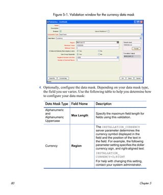 80 Chapter 5
Figure 5-1. Validation window for the currency data mask
4. Optionally, configure the data mask. Depending on your data mask type,
the field you see varies. Use the following table to help you determine how
to configure your data mask:
Data Mask Type Field Name Description
Alphanumeric
and
Alphanumeric
Uppercase
Max Length
Specify the maximum field length for
fields using this validation.
Currency Region
The INSTALLATION_CURRENCY
server parameter determines the
currency symbol displayed in the
field and the position of the text in
the field. For example, the following
parameter setting specifies the dollar
currency sign, and right-aligned text:
INSTALLATION_
CURRENCY=$;RIGHT
For help with changing this setting,
contact your system administrator.
 