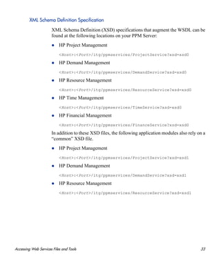 Accessing Web Services Files and Tools 33
XML Schema Definition Specification
XML Schema Definition (XSD) specifications that augment the WSDL can be
found at the following locations on your PPM Server:
HP Project Management
<Host>:<Port>/itg/ppmservices/ProjectService?xsd=xsd0
HP Demand Management
<Host>:<Port>/itg/ppmservices/DemandService?xsd=xsd0
HP Resource Management
<Host>:<Port>/itg/ppmservices/ResourceService?xsd=xsd0
HP Time Management
<Host>:<Port>/itg/ppmservices/TimeService?xsd=xsd0
HP Financial Management
<Host>:<Port>/itg/ppmservices/FinanceService?xsd=xsd0
In addition to these XSD files, the following application modules also rely on a
“common” XSD file.
HP Project Management
<Host>:<Port>/itg/ppmservices/ProjectService?xsd=xsd1
HP Demand Management
<Host>:<Port>/itg/ppmservices/DemandService?xsd=xsd1
HP Resource Management
<Host>:<Port>/itg/ppmservices/ResourceService?xsd=xsd1
 
