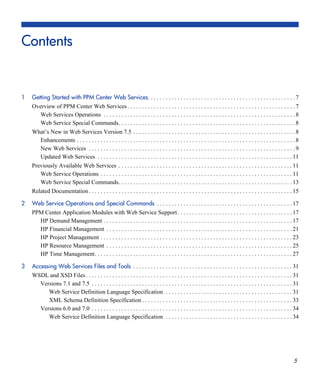 Contents
5
1 Getting Started with PPM Center Web Services. . . . . . . . . . . . . . . . . . . . . . . . . . . . . . . . . . . . . . . . . . . . . . . . . . 7
Overview of PPM Center Web Services. . . . . . . . . . . . . . . . . . . . . . . . . . . . . . . . . . . . . . . . . . . . . . . . . . . . . . . . . 7
Web Services Operations . . . . . . . . . . . . . . . . . . . . . . . . . . . . . . . . . . . . . . . . . . . . . . . . . . . . . . . . . . . . . . . . . 8
Web Service Special Commands. . . . . . . . . . . . . . . . . . . . . . . . . . . . . . . . . . . . . . . . . . . . . . . . . . . . . . . . . . . . 8
What’s New in Web Services Version 7.5 . . . . . . . . . . . . . . . . . . . . . . . . . . . . . . . . . . . . . . . . . . . . . . . . . . . . . . . 8
Enhancements . . . . . . . . . . . . . . . . . . . . . . . . . . . . . . . . . . . . . . . . . . . . . . . . . . . . . . . . . . . . . . . . . . . . . . . . . . 8
New Web Services . . . . . . . . . . . . . . . . . . . . . . . . . . . . . . . . . . . . . . . . . . . . . . . . . . . . . . . . . . . . . . . . . . . . . . 9
Updated Web Services . . . . . . . . . . . . . . . . . . . . . . . . . . . . . . . . . . . . . . . . . . . . . . . . . . . . . . . . . . . . . . . . . . 11
Previously Available Web Services . . . . . . . . . . . . . . . . . . . . . . . . . . . . . . . . . . . . . . . . . . . . . . . . . . . . . . . . . . . 11
Web Service Operations . . . . . . . . . . . . . . . . . . . . . . . . . . . . . . . . . . . . . . . . . . . . . . . . . . . . . . . . . . . . . . . . . 11
Web Service Special Commands. . . . . . . . . . . . . . . . . . . . . . . . . . . . . . . . . . . . . . . . . . . . . . . . . . . . . . . . . . . 13
Related Documentation. . . . . . . . . . . . . . . . . . . . . . . . . . . . . . . . . . . . . . . . . . . . . . . . . . . . . . . . . . . . . . . . . . . . . 15
2 Web Service Operations and Special Commands . . . . . . . . . . . . . . . . . . . . . . . . . . . . . . . . . . . . . . . . . . . . . . 17
PPM Center Application Modules with Web Service Support. . . . . . . . . . . . . . . . . . . . . . . . . . . . . . . . . . . . . . . 17
HP Demand Management . . . . . . . . . . . . . . . . . . . . . . . . . . . . . . . . . . . . . . . . . . . . . . . . . . . . . . . . . . . . . . . . 17
HP Financial Management . . . . . . . . . . . . . . . . . . . . . . . . . . . . . . . . . . . . . . . . . . . . . . . . . . . . . . . . . . . . . . . 21
HP Project Management . . . . . . . . . . . . . . . . . . . . . . . . . . . . . . . . . . . . . . . . . . . . . . . . . . . . . . . . . . . . . . . . . 23
HP Resource Management . . . . . . . . . . . . . . . . . . . . . . . . . . . . . . . . . . . . . . . . . . . . . . . . . . . . . . . . . . . . . . . 25
HP Time Management. . . . . . . . . . . . . . . . . . . . . . . . . . . . . . . . . . . . . . . . . . . . . . . . . . . . . . . . . . . . . . . . . . . 27
3 Accessing Web Services Files and Tools . . . . . . . . . . . . . . . . . . . . . . . . . . . . . . . . . . . . . . . . . . . . . . . . . . . . . . 31
WSDL and XSD Files. . . . . . . . . . . . . . . . . . . . . . . . . . . . . . . . . . . . . . . . . . . . . . . . . . . . . . . . . . . . . . . . . . . . . . 31
Versions 7.1 and 7.5 . . . . . . . . . . . . . . . . . . . . . . . . . . . . . . . . . . . . . . . . . . . . . . . . . . . . . . . . . . . . . . . . . . . . 31
Web Service Definition Language Specification . . . . . . . . . . . . . . . . . . . . . . . . . . . . . . . . . . . . . . . . . . . 31
XML Schema Definition Specification . . . . . . . . . . . . . . . . . . . . . . . . . . . . . . . . . . . . . . . . . . . . . . . . . . . 33
Versions 6.0 and 7.0 . . . . . . . . . . . . . . . . . . . . . . . . . . . . . . . . . . . . . . . . . . . . . . . . . . . . . . . . . . . . . . . . . . . . 34
Web Service Definition Language Specification . . . . . . . . . . . . . . . . . . . . . . . . . . . . . . . . . . . . . . . . . . . 34
 