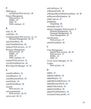 55
P
PPM Server
configuring Web services, 38
Project Management
Web services, 23
WSDL, 31
XSD, 33
XSD, common, 33
R
read, 21, 28
readTasks, 24
re-implemented Web services, 11, 13
Demand Management, 18, 19
rejectTimeSheet, 28
rejectTimeSheetLine, 28
replaced Web services, 12, 13
Resource Management
Web services, 25
WSDL, 31
XSD, 33
XSD, common, 33
retained Web services, 13
reworkTimeSheetLine, 28
RSA Sign-On Manager, 47, 52
S
searchCostRules, 22
searchProjects, 24
searchResourcePools, 25
searchTasks, 24
searchTimeSheets, 28
security
Web services, 41
server parameters
Web services, 38, 51
server.conf, 38, 51
setCostFactors, 22
setRequestFields, 18
setRequestRemoteReferenceStatus, 18, 20
setResourceParticipation, 26
single sign-on, 47
SiteMinder
integrating, 48
siteminder.conf, 51
special commands, Web services, 8
Demand Management, 19
Financial Management, 22
Time Management, 29
specifications
Web services, 37
submitTimeSheet, 28
T
Time Management
deleted Web services, 28, 29
Web services, 27
WSDL, 31
XSD, 33
Tivoli Access Manager, 47, 52
Toolkit
Web services, 34
U
update, 21
updateCostRules, 22
updateProject, 24
updateRemoteReference, 19
updateResourcePools, 26
updateTaskActuals, 24
updateTimeSheet, 28
updateWorkPlanStatus, 24
UsernameToken profile, 41
 
