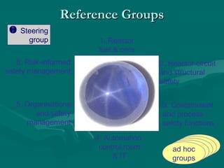 Reference GroupsReference Groups
1. Reactor
fuel  core
2. Reactor circuit
and structural
safety
3. Containment
and process
safety functions
4. Automation,
control room
 IT
5. Organisations
and safety
management
6. Risk-informed
safety management
ad hoc
-ryhmät
ad hoc
-ryhmät
ad hoc
-ryhmät
ad hoc
-ryhmät
ad hoc
groups
Steering
group
 