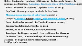 Belize, Guatemala, Honduras et Nicaragua : La langue, la danse et la
musique des Garifuna, Language, dance and music of the Garifuna en 200
Brésil : Le cercle de Capoeira, Capoeira circle, en 2014 ;
Cap Vert : Morna, pratique musicale du Cap Vert,
Morna, musical practice of Cabo Verde en 2019 ;
Chagos : Le séga tambour Chagos, Sega tambour Chagos en 2019 ;
Cuba : La Rumba, en 2016 ; La Tumba Francesa, en 2003;
France, Guadeloupe, Le Gwoka, en 2014 ;
France, Ile de La Réunion, Le Maloya, en 2009 ;
Jamaïque : Le Reggae, en 2018 ; Les traditions des Marrons
de Moore Town, Maroon heritage of Moore Town en 2003;
Maurice : Le Séga tambour de Rodrigues, en 2017 ;
Le Séga tipik, en 2014
 
