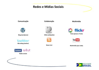 Redes e Mídias Sociais



Comunicação                   Colaboração            Multimídia




                                                  Fotos (picaso e FLick)
 Blog (wordpress)             Wikis (wikipedia)




Microblog (twitter)
                                 News (rss)       Multimídia (you tube)




   Redes sociais
 