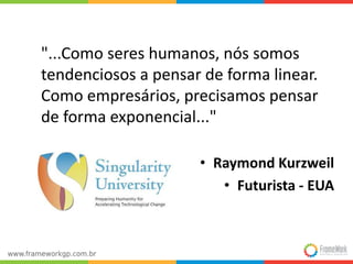 "...Como seres humanos, nós somos
tendenciosos a pensar de forma linear.
Como empresários, precisamos pensar
de forma exponencial..."
• Raymond Kurzweil
• Futurista - EUA
 