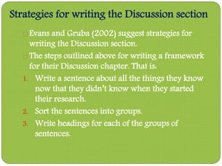 Strategies for writing the Discussion section
Evans and Gruba (2002) suggest strategies for
writing the Discussion section.
The steps outlined above for writing a framework
for their Discussion chapter. That is:
1. Write a sentence about all the things they know
now that they didn’t know when they started
their research.
2. Sort the sentences into groups.
3. Write headings for each of the groups of
sentences.
 