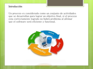 Introducción
Un proceso es considerado como un conjunto de actividades
que se desarrollan para lograr un objetivo final, si el proceso
esta correctamente logrado no habrá problema al afirmar
que el software será eficiente y funcional.
 