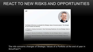 REACT TO NEW RISKS AND OPPORTUNITIES
The info concerns changes of Strategic Values of a Portfolio at the end of year in
SimulTrain®+
 