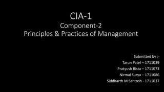 CIA-1
Component-2
Principles & Practices of Management
Submitted by :-
Tarun Patel – 1711039
Pratyush Bista – 1711073
Nirmal Surya – 1711086
Siddharth M Santosh - 1711037
 
