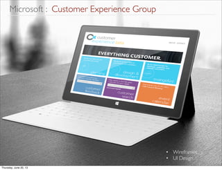 Microsoft : Customer Experience Group
• Wireframes
• UI Design
Thursday, June 20, 13
 