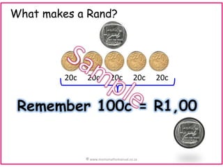 What makes a Rand?

20c

20c

20c

20c

© www.momsmathsmanual.co.za

20c

 