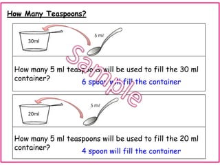 How Many Teaspoons?

30ml

How many 5 ml teaspoons will be used to fill the 30 ml
container?
6 spoon will fill the container

20ml

How many 5 ml teaspoons will be used to fill the 20 ml
container?
4 spoon will fill the container

 