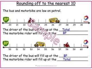 Rounding off to the nearest 10
The bus and motorbike are low on petrol.

20

21

22

23

24

25

26

27

28

29

30

The driver of the bus will fill up at the _______________
Total
BP
The motorbike rider will fill up at the ________________

50

51

52

53

54

55

56

57

58

59

60

The driver of the bus will fill up at the _______________
BP
Total
The motorbike rider will fill up at the ________________
© www.momsmathsmanual.co.za

 
