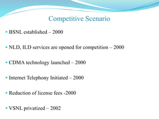  BSNL established – 2000
 NLD, ILD services are opened for competition – 2000
 CDMA technology launched – 2000
 Internet Telephony Initiated – 2000
 Reduction of license fees -2000
 VSNL privatized – 2002
 