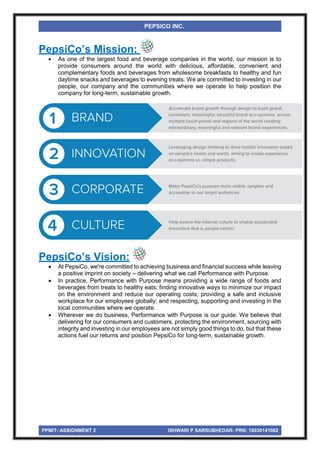PPMIT- ASSIGNMENT 2 ISHWARI P SARSUBHEDAR- PRN: 16030141062
PEPSICO INC.
PepsiCo’s Mission:
 As one of the largest food and beverage companies in the world, our mission is to
provide consumers around the world with delicious, affordable, convenient and
complementary foods and beverages from wholesome breakfasts to healthy and fun
daytime snacks and beverages to evening treats. We are committed to investing in our
people, our company and the communities where we operate to help position the
company for long-term, sustainable growth.
PepsiCo’s Vision:
 At PepsiCo, we're committed to achieving business and financial success while leaving
a positive imprint on society – delivering what we call Performance with Purpose.
 In practice, Performance with Purpose means providing a wide range of foods and
beverages from treats to healthy eats; finding innovative ways to minimize our impact
on the environment and reduce our operating costs; providing a safe and inclusive
workplace for our employees globally; and respecting, supporting and investing in the
local communities where we operate.
 Wherever we do business, Performance with Purpose is our guide. We believe that
delivering for our consumers and customers, protecting the environment, sourcing with
integrity and investing in our employees are not simply good things to do, but that these
actions fuel our returns and position PepsiCo for long-term, sustainable growth.
 